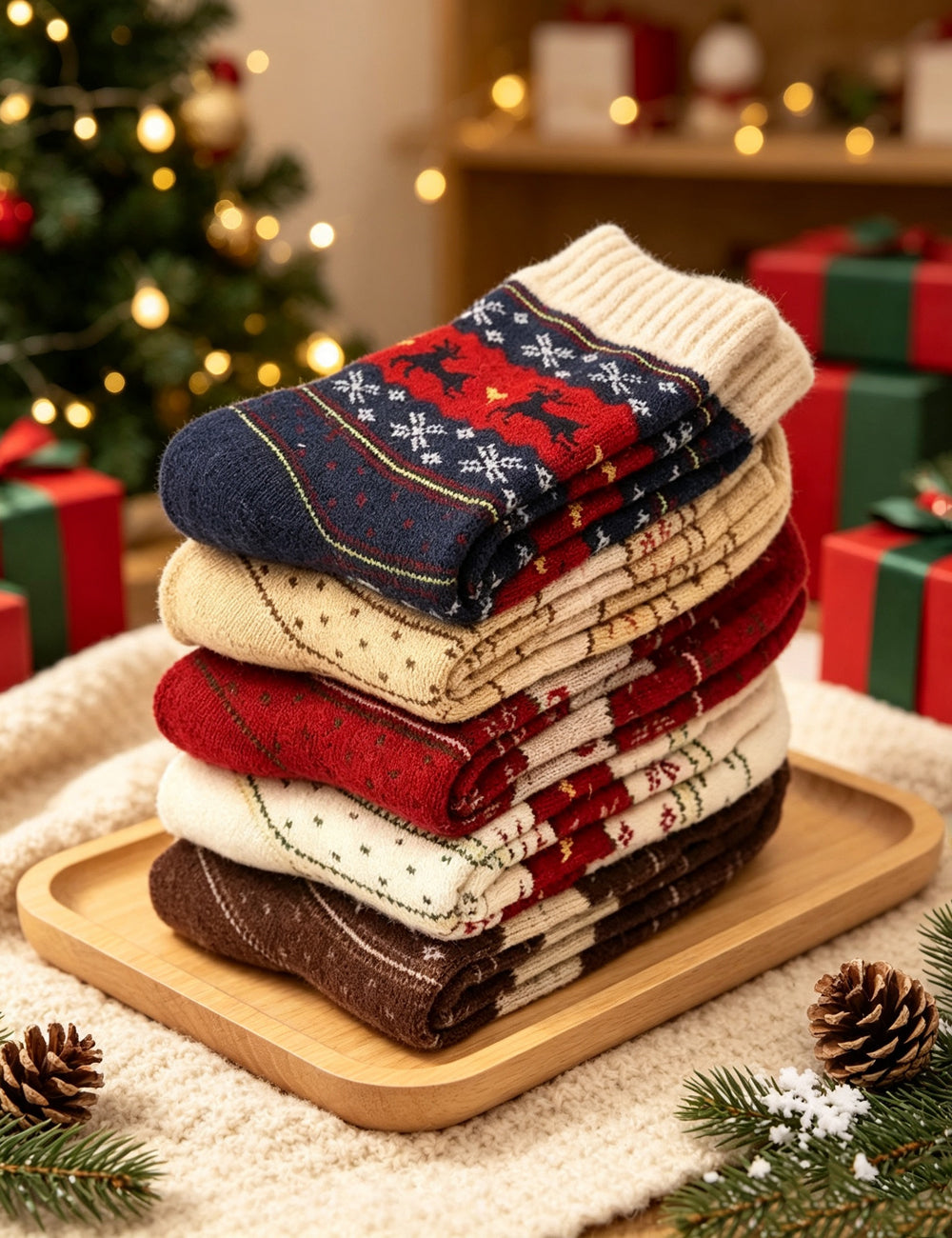 Ladies Christmas Reindeer Thickened Mid Calf Socks 5PCS Set