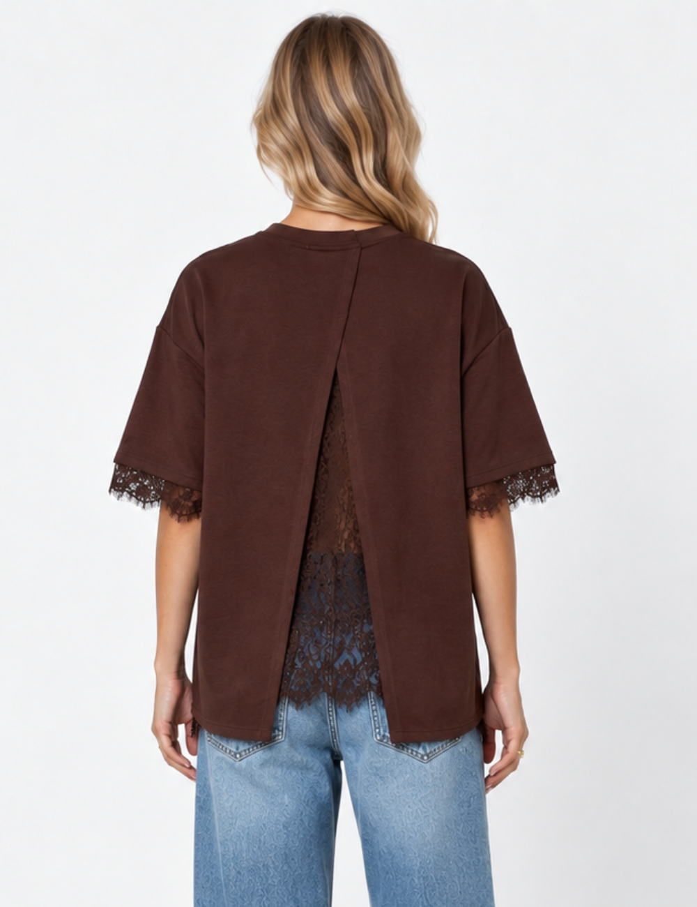 Ladies Lace Trim Split Back Solid Color Pullover T-Shirt