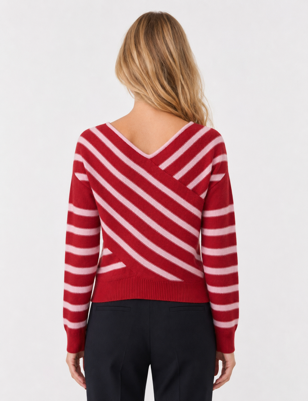 Ladies V Neck Striped Off Shoulder Long Sleeve Sweater