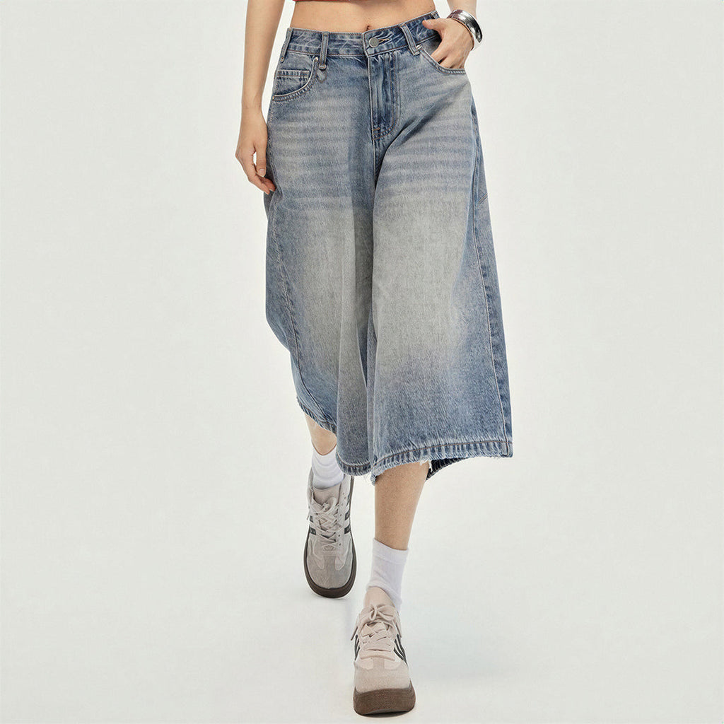 Women's Summer Gradient Washed Wide-Leg Denim Capri Pant