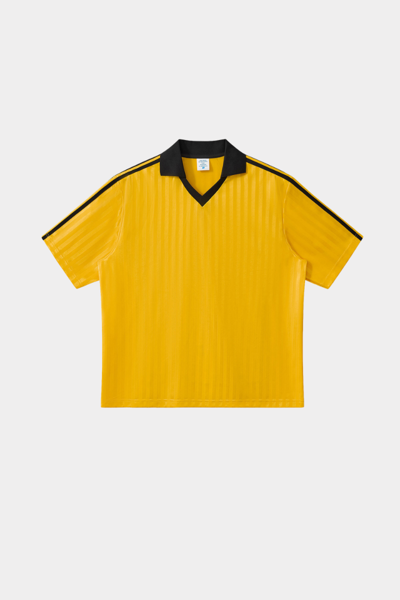 Color-blocked collegiate style V-neck short-sleeved top