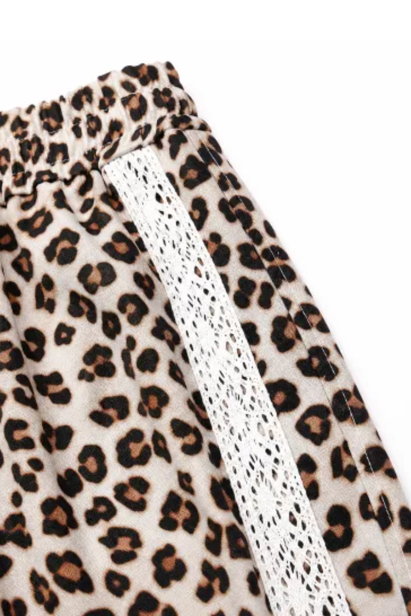 Women Spring Summer Leopard Print Lace Trim Jogger Pants