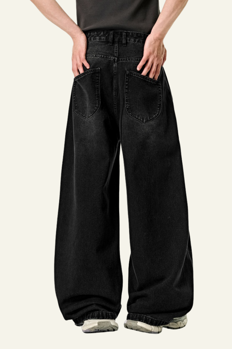 Men's Streetwear Washed Vintage Pleated  Wide Leg Jeans