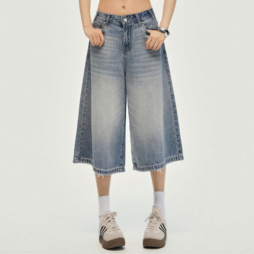 Women's Summer Gradient Washed Wide-Leg Denim Capri Pant