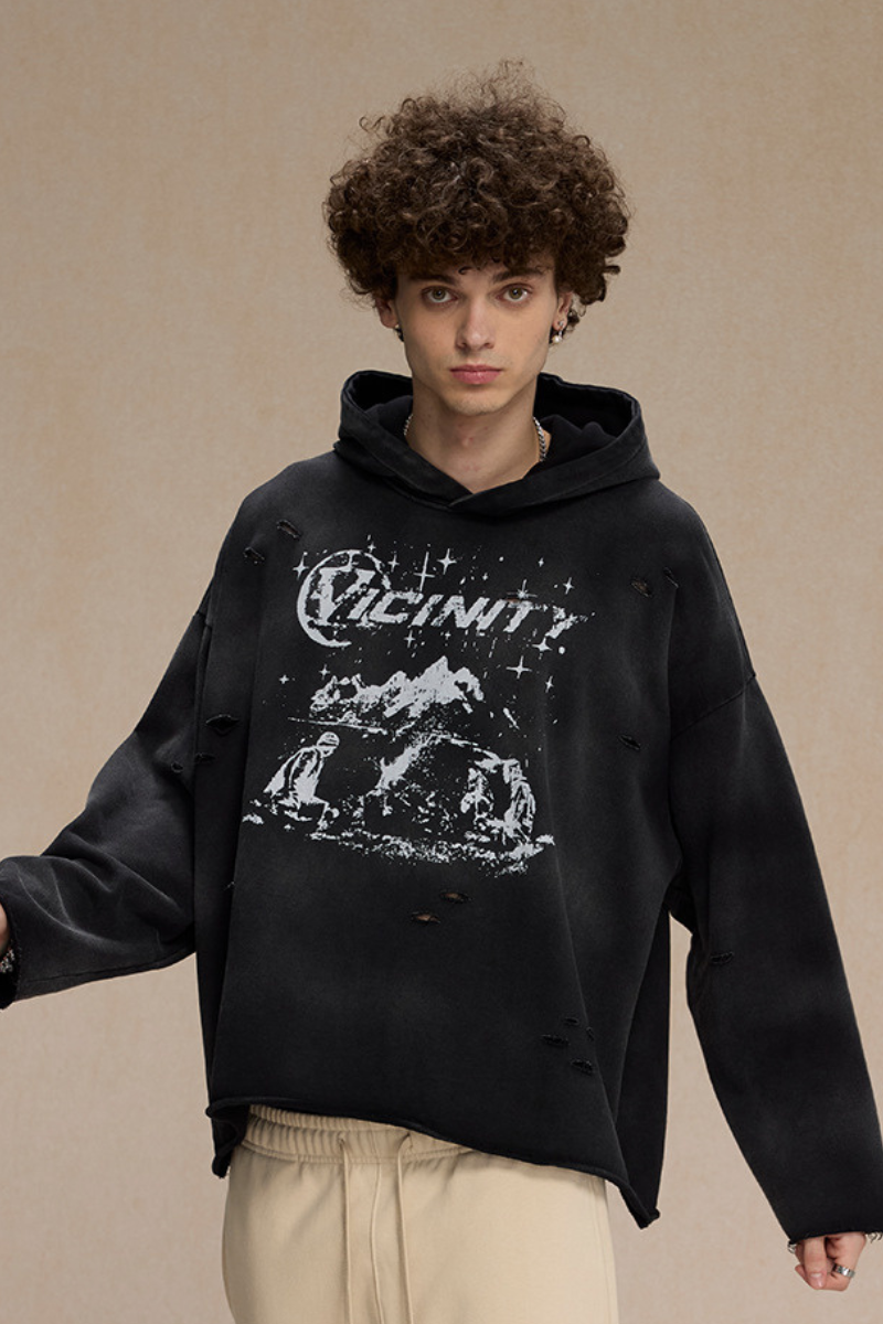 Men's Fall Clothing Distressed Frayed-Edged Vintage Hoodie