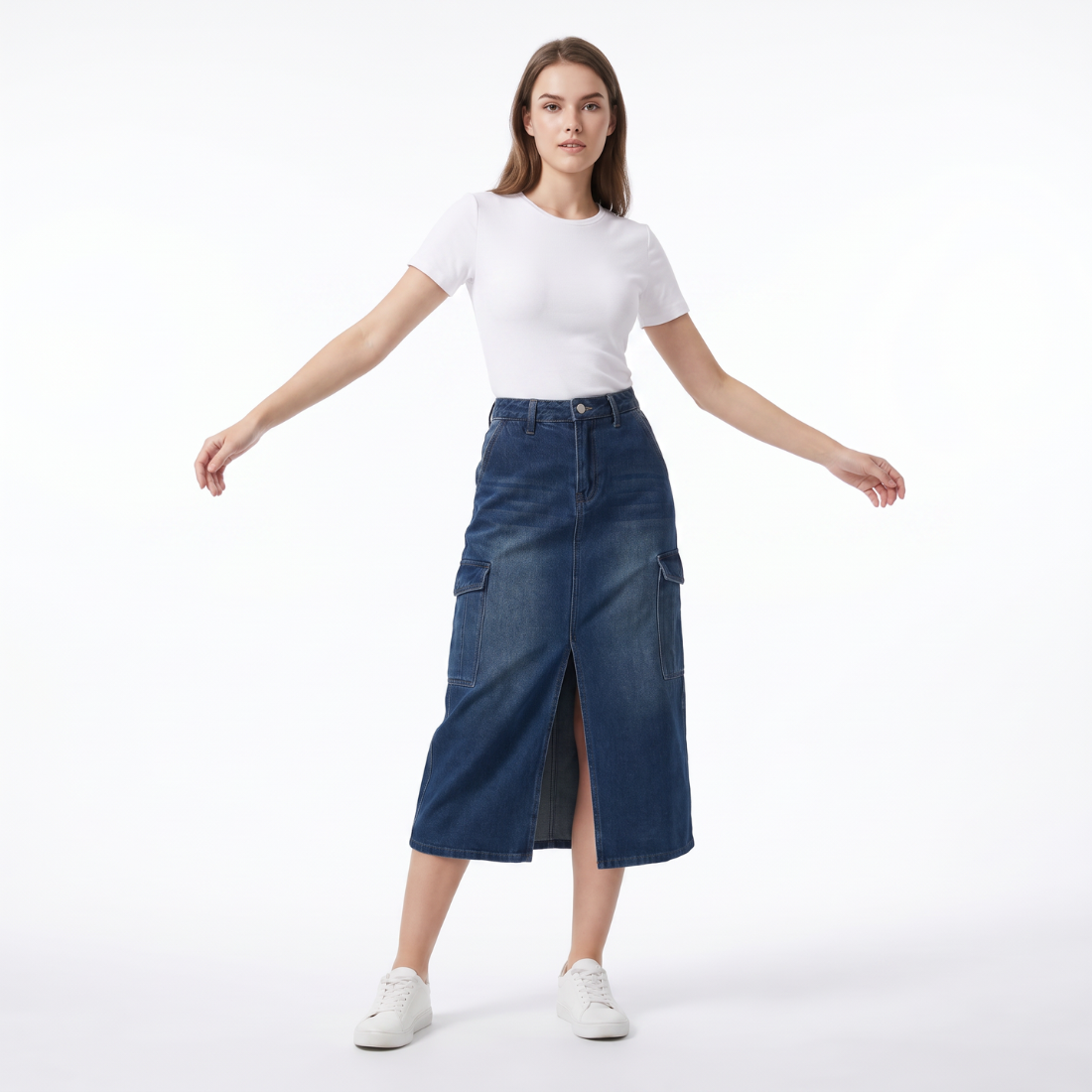 Women's High Waist Front Slit Denim Midi Skirt