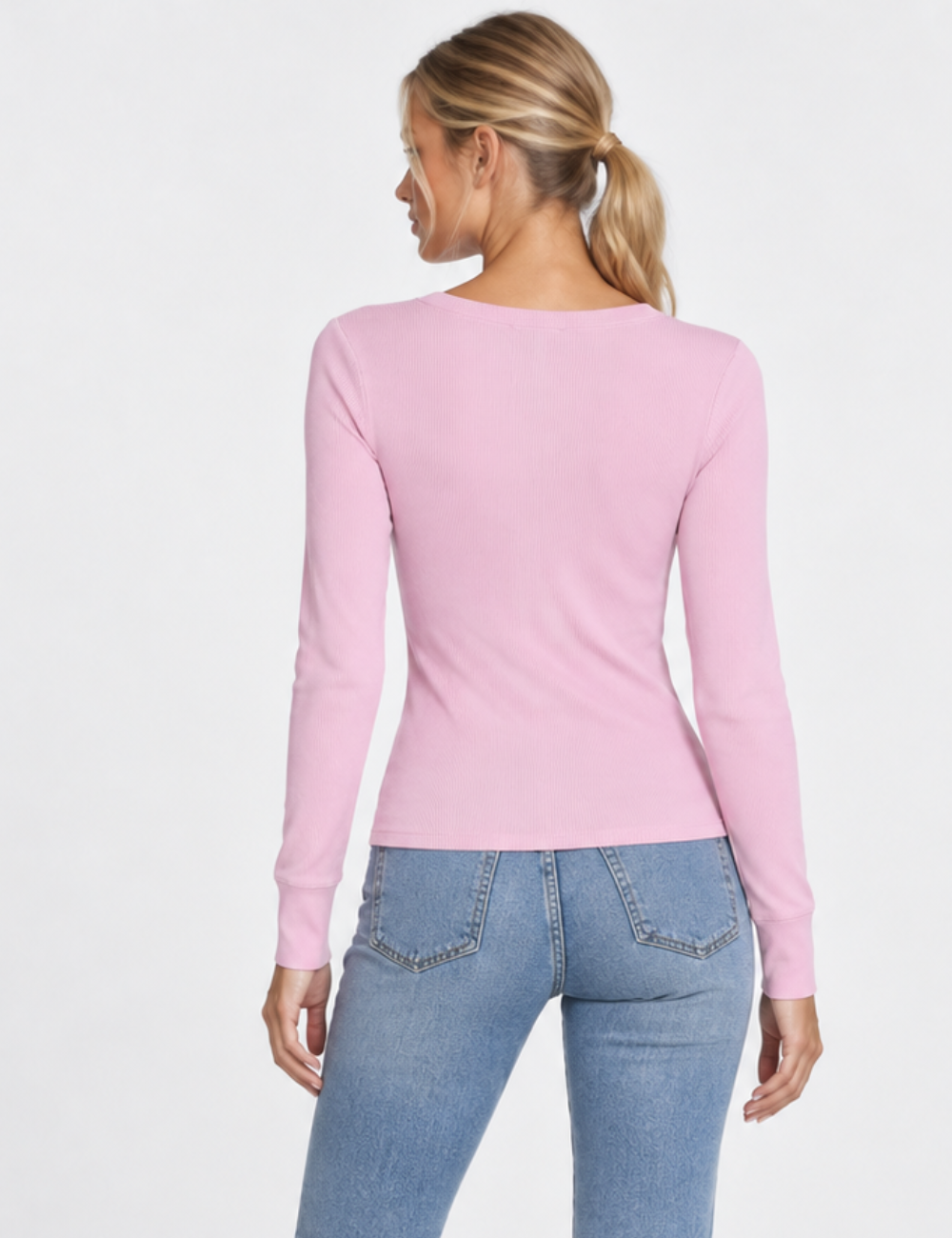 Ladies V-Neck Ribbed Knit Long Sleeves Top