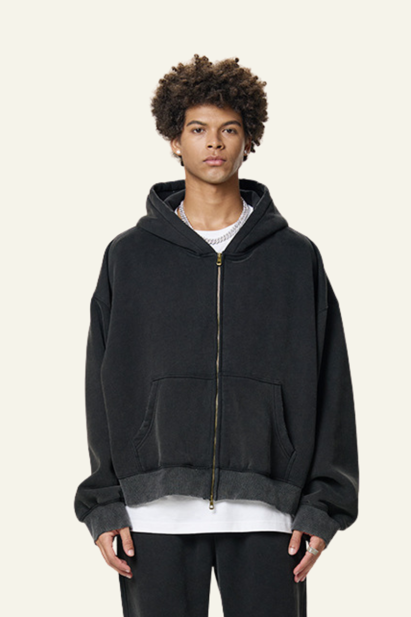 Men's Heavyweight Washed Full Zipper Hooded Jacket