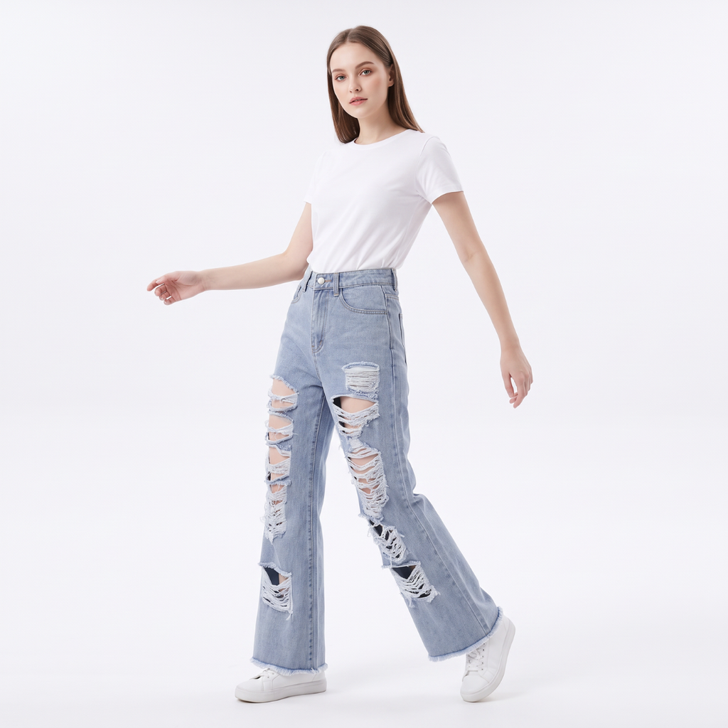 Women's High Waist Distressed Wide Leg Jeans