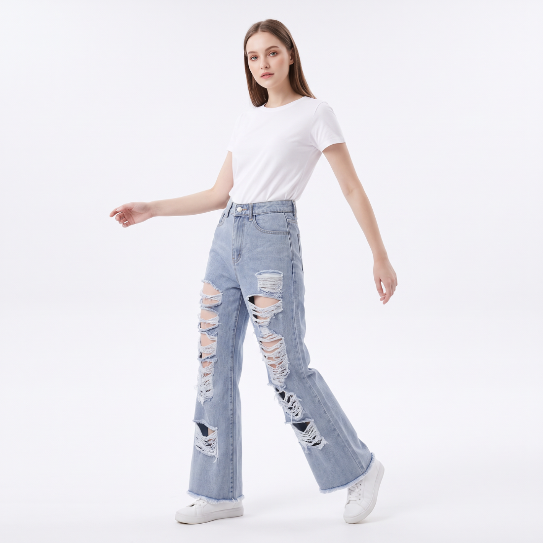 Women's High Waist Distressed Wide Leg Jeans