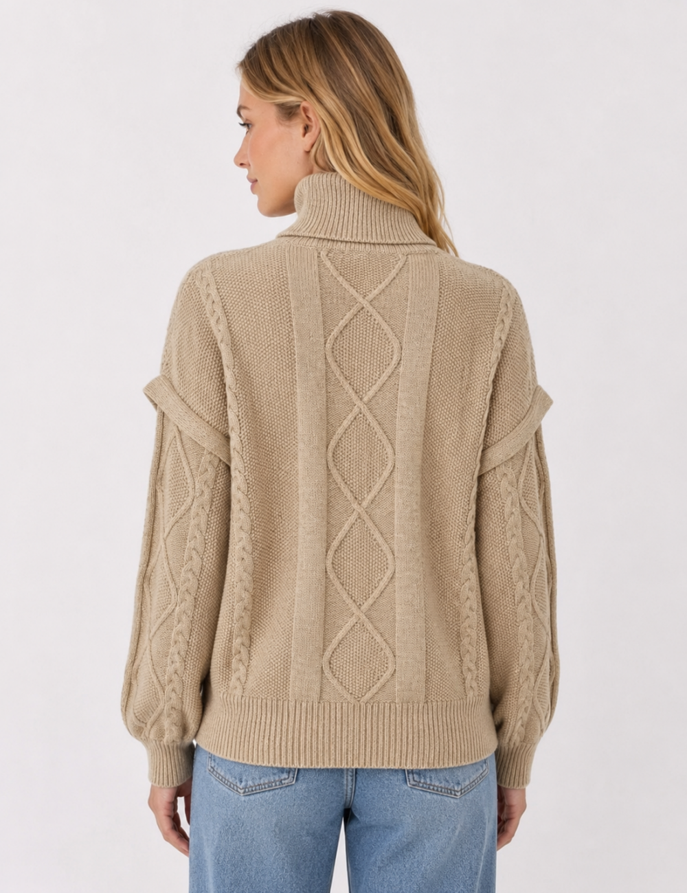 Ladies Turtleneck Cable Knit Drop Shoulder Sweater