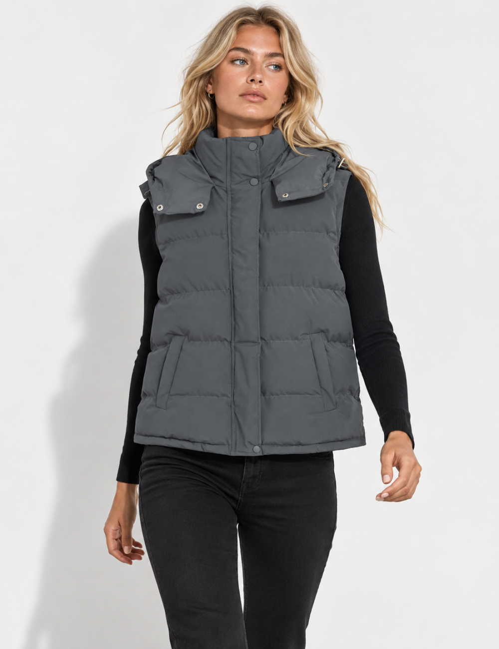 Ladies Stand Collar Hooded Quilted Puffer Vest