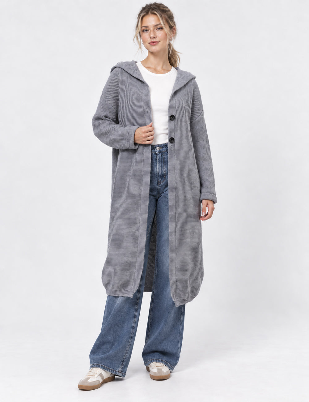 Ladies Button Hooded Solid Color Sweater Coat Cardigan