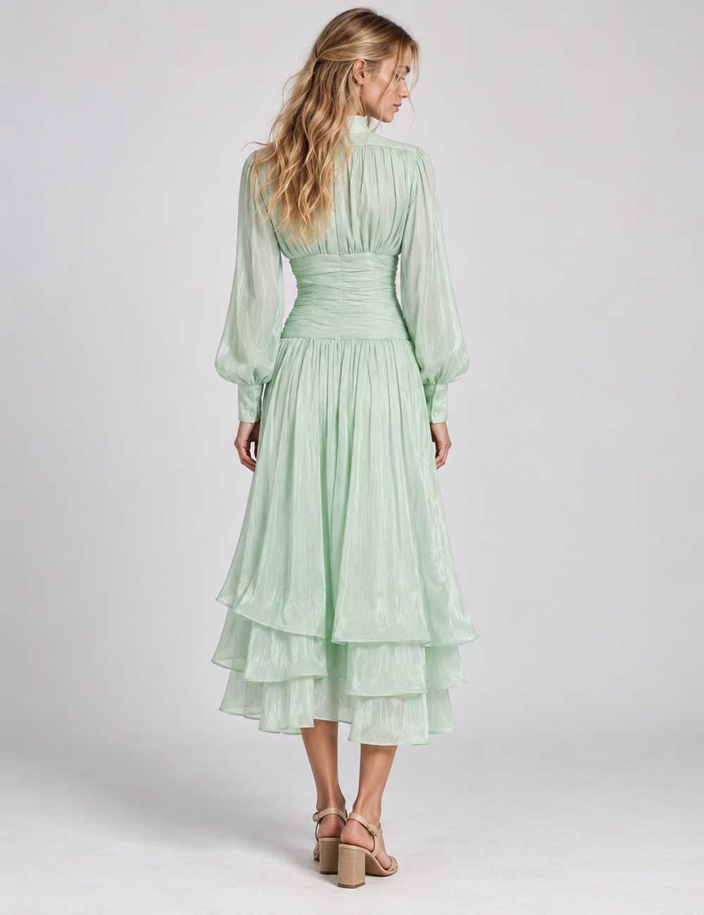Ladies Puff Sleeves Ruched Button Tiered Midi Dress