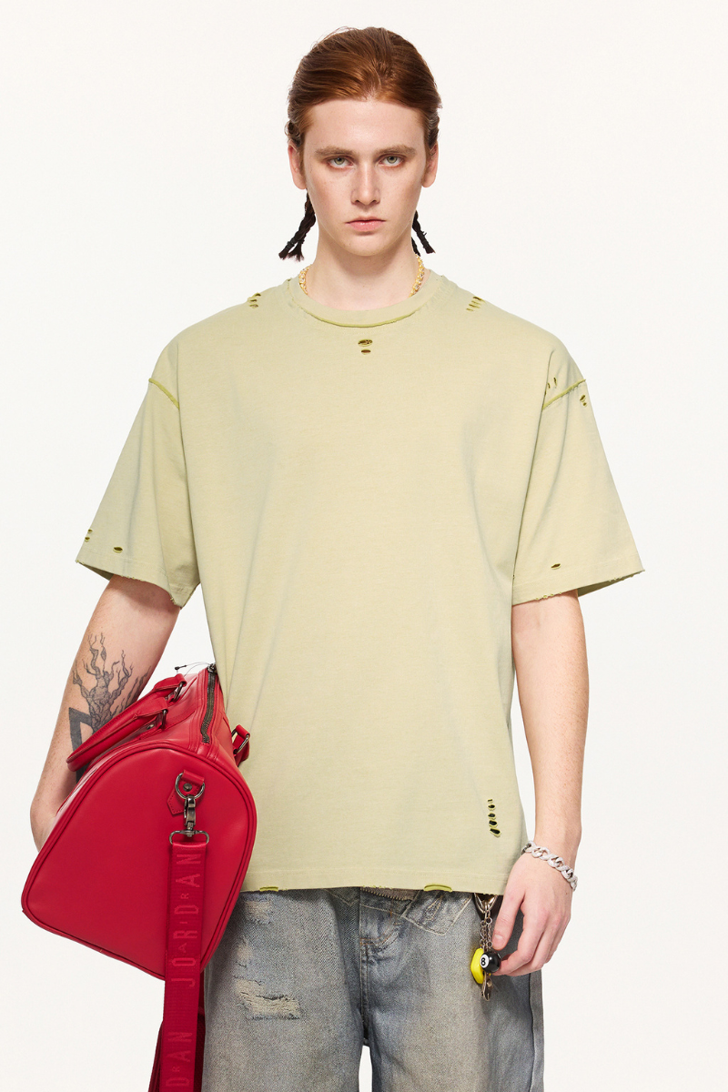 Men's Summer 240g Cotton Reversible Distressed Loose Tee