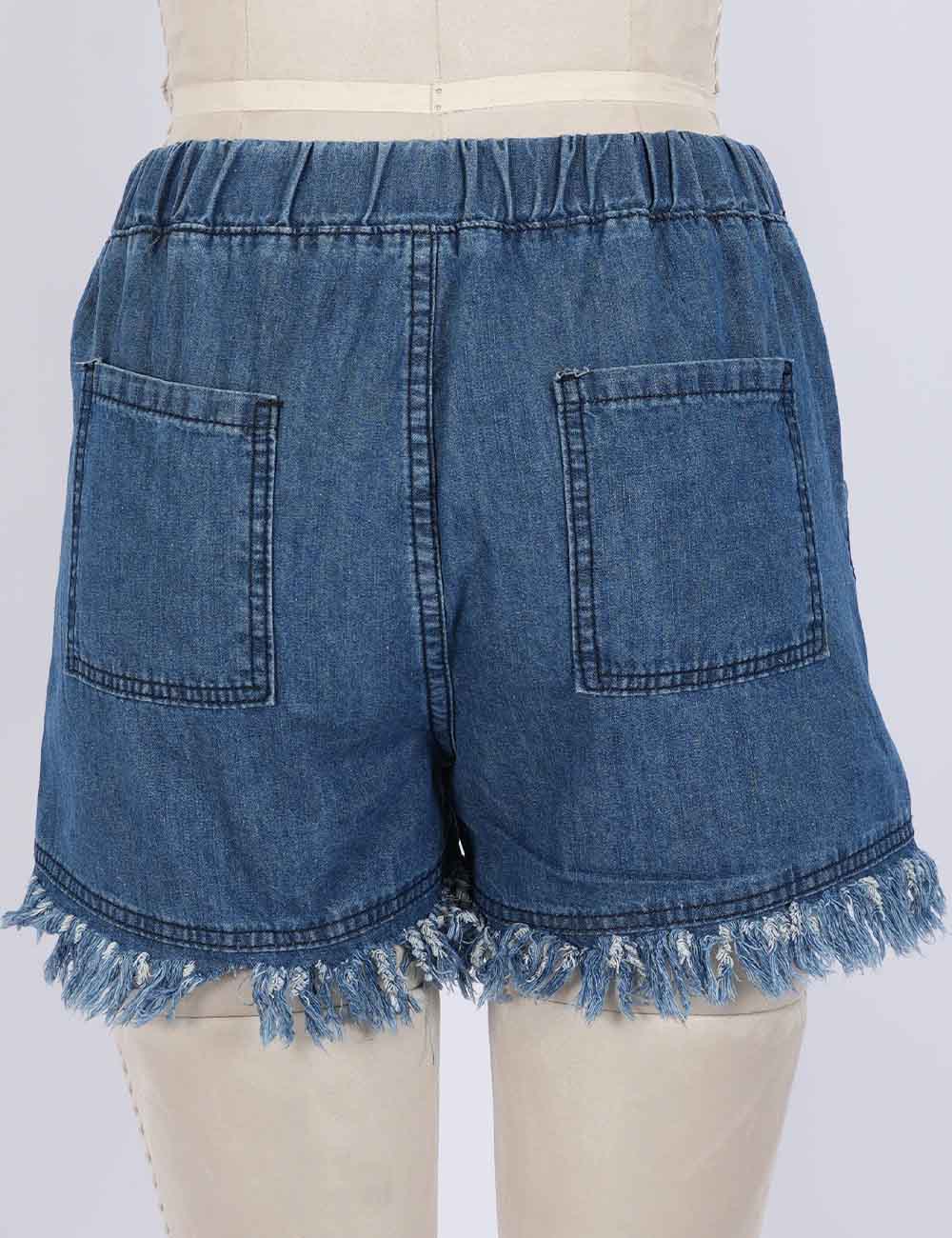 Ladies Solid Color Drawstring Waist Frayed Hem Denim Shorts