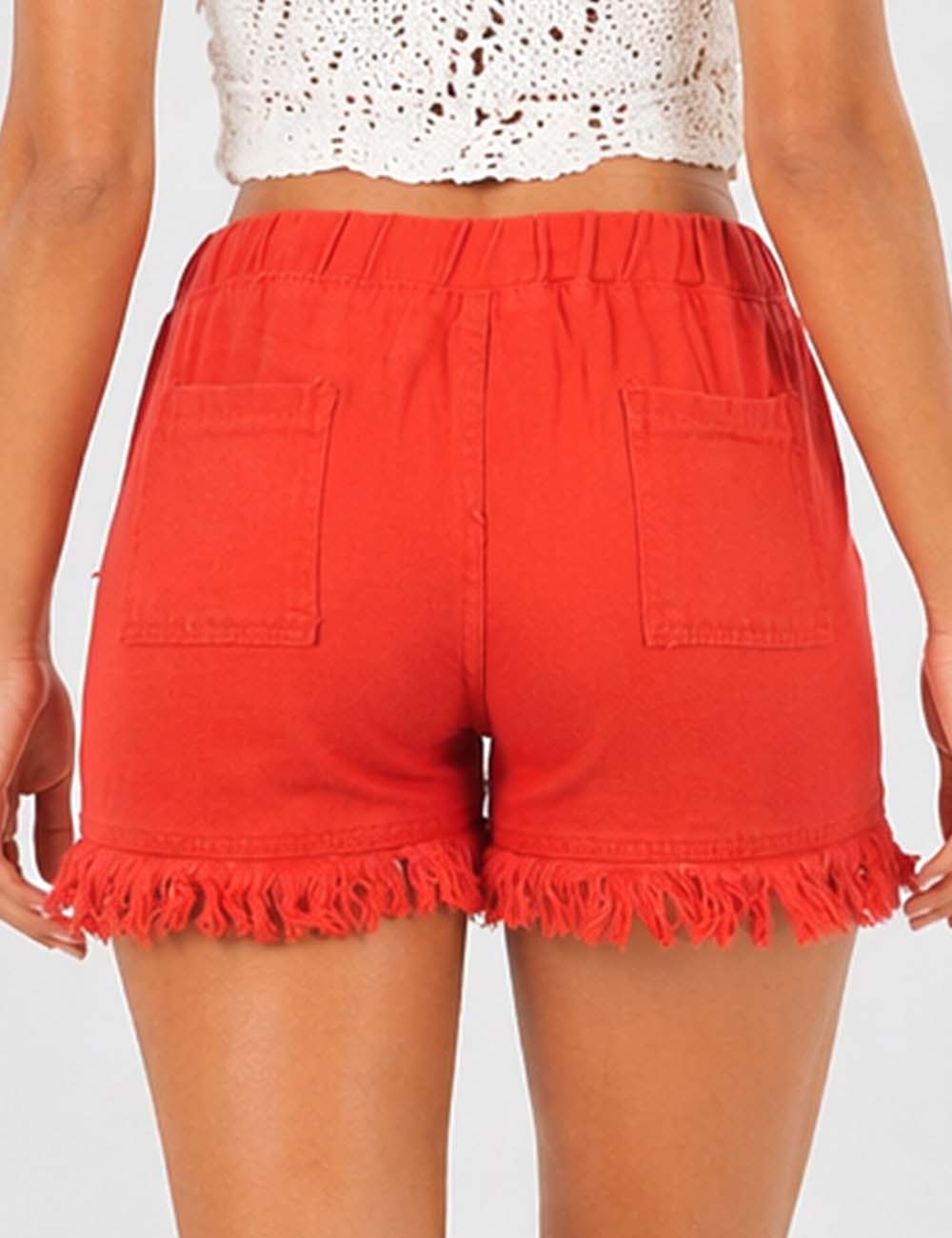 Ladies Solid Color Drawstring Waist Frayed Hem Denim Shorts