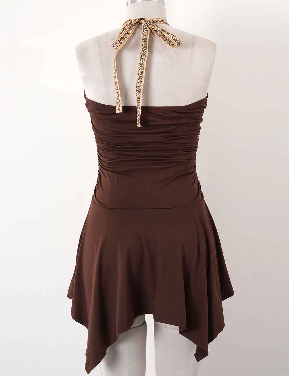 Ladies Halter Neck Ruched Contrast Trim Irregular Mini Dress