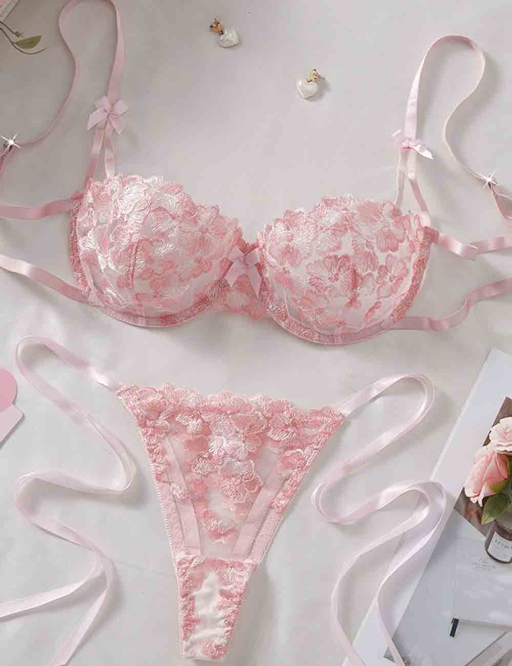 Ladies Floral Embroidery See Through 2PCS Lingerie Set 8XX0110