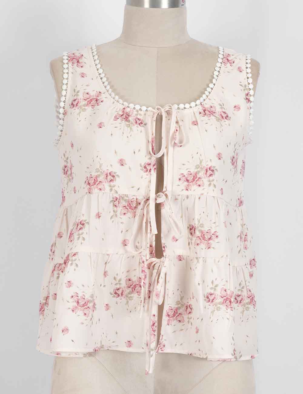 Ladies Boho Floral Print Tie Front Sleeveless Top