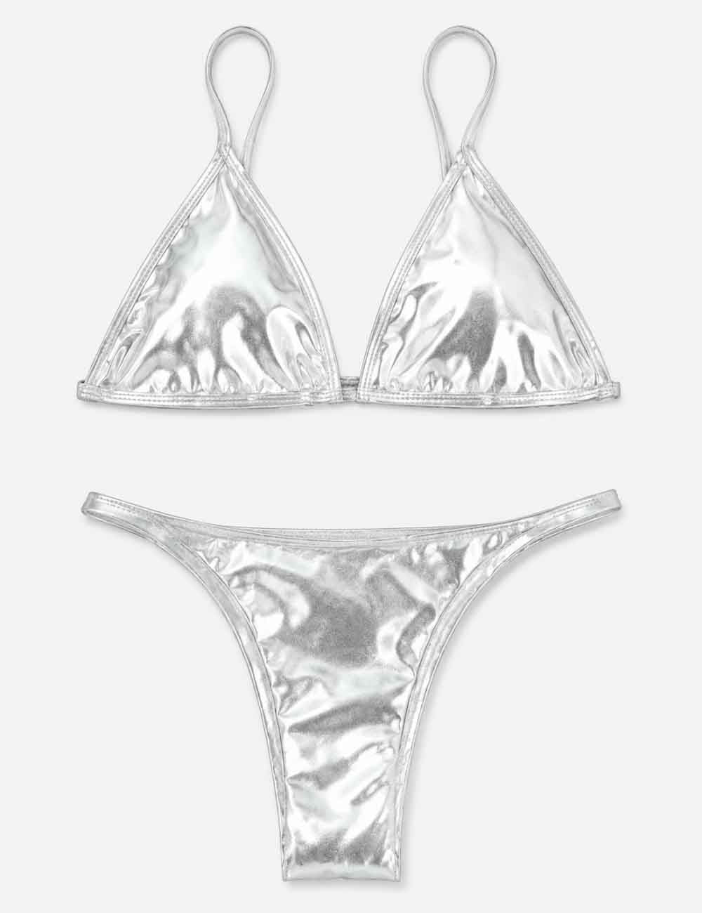 Ladies Metallic Solid Color Triangle 2 Piece Bikini Set