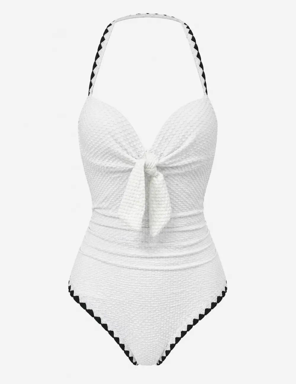 Ladies Textured Crinkle Fabric V-Neck One Piece Swimsuit