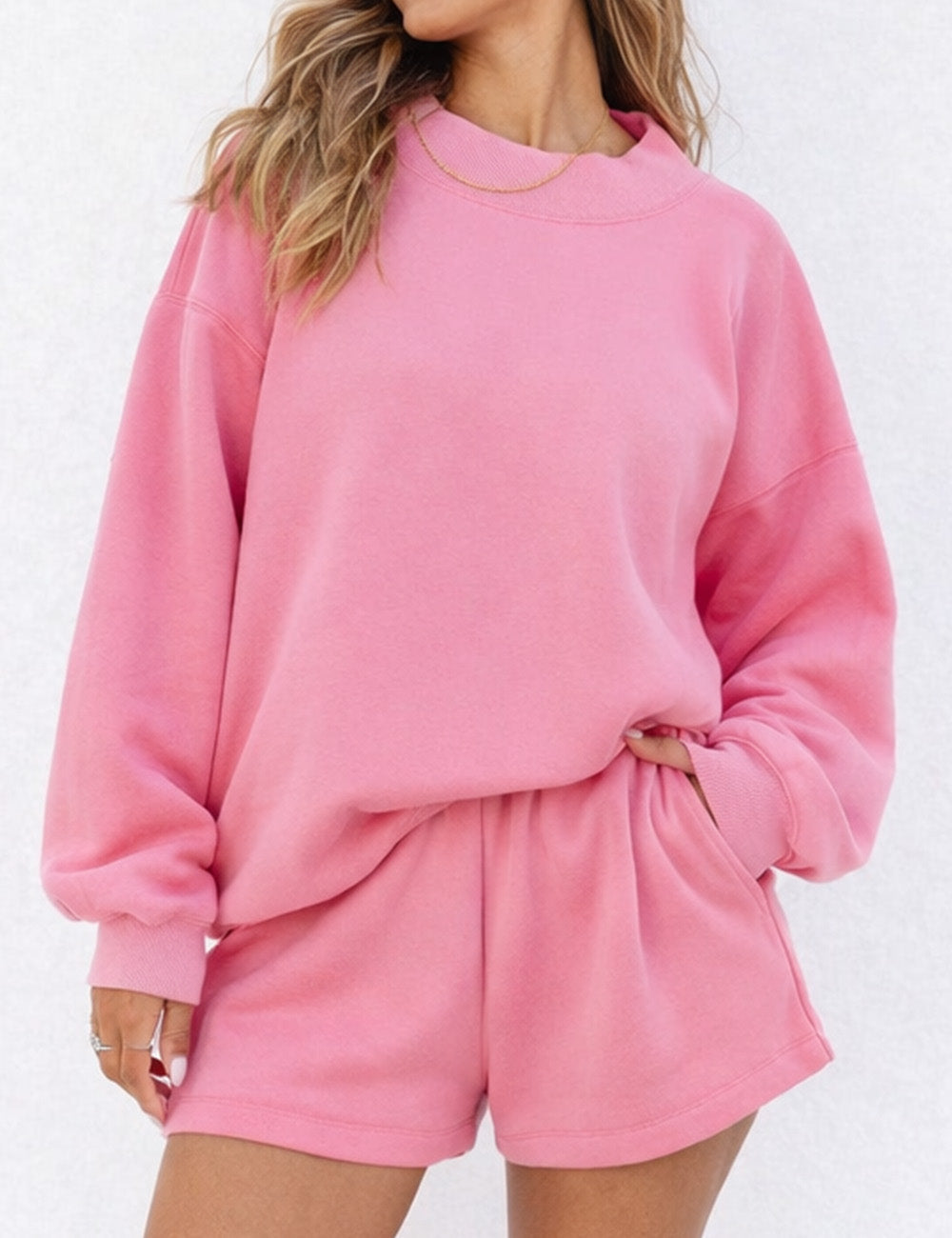 Ladies Casual Fleeced Mock Neck Sweatshirt & Shorts Matching Set