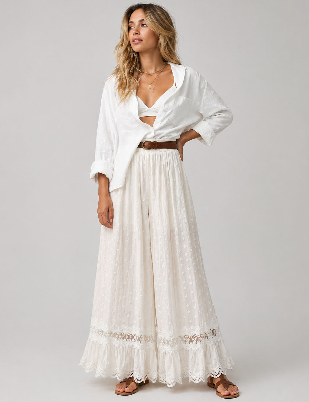 Ladies Floral Embroidery Lace Hem Wide Leg Pants