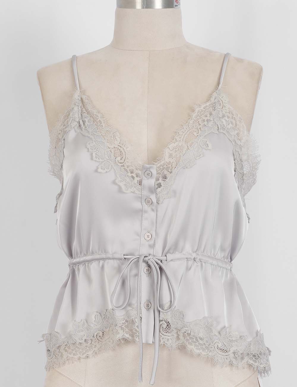 Ladies Romantic Stain Lace Trim V-Neck Waist Drawstring Cami Top