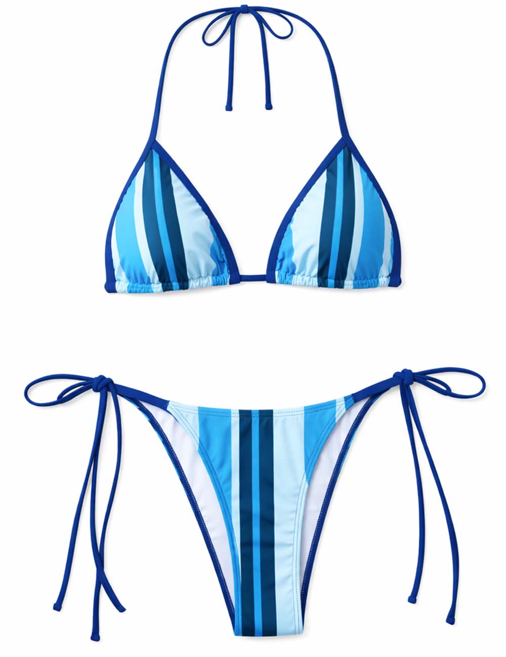 Ladies Striped Halter Neck Lace-Up Triangle Bikini Set