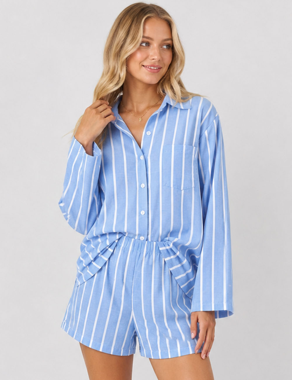 Ladies Striped Button Down Blouse & Shorts Matching Set