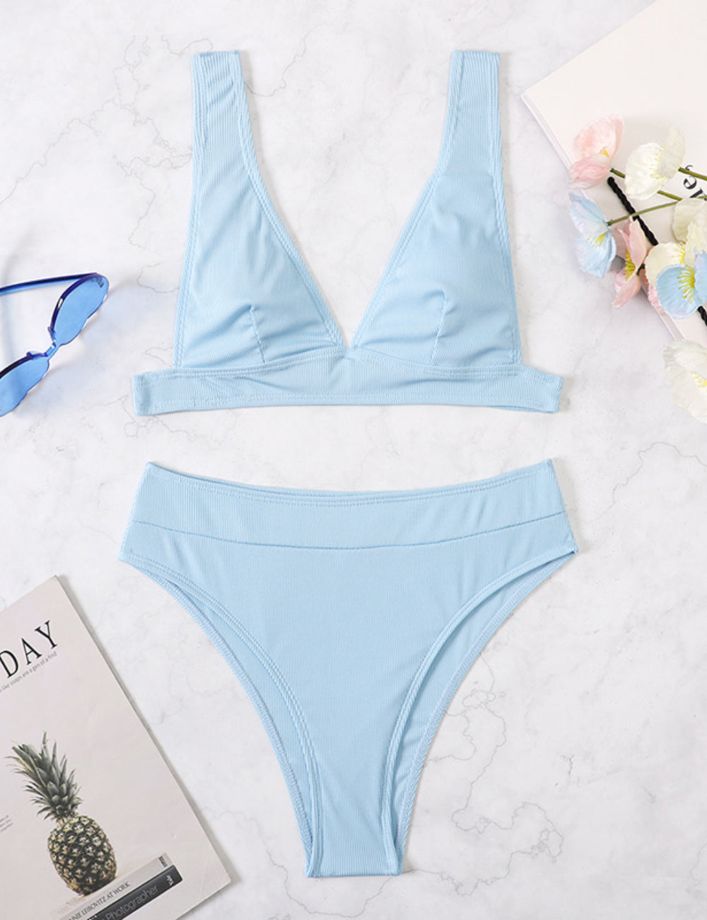 Ladies Triangle V-Neck 2PCS Bikini Set Swimsuit 8BK3WST316