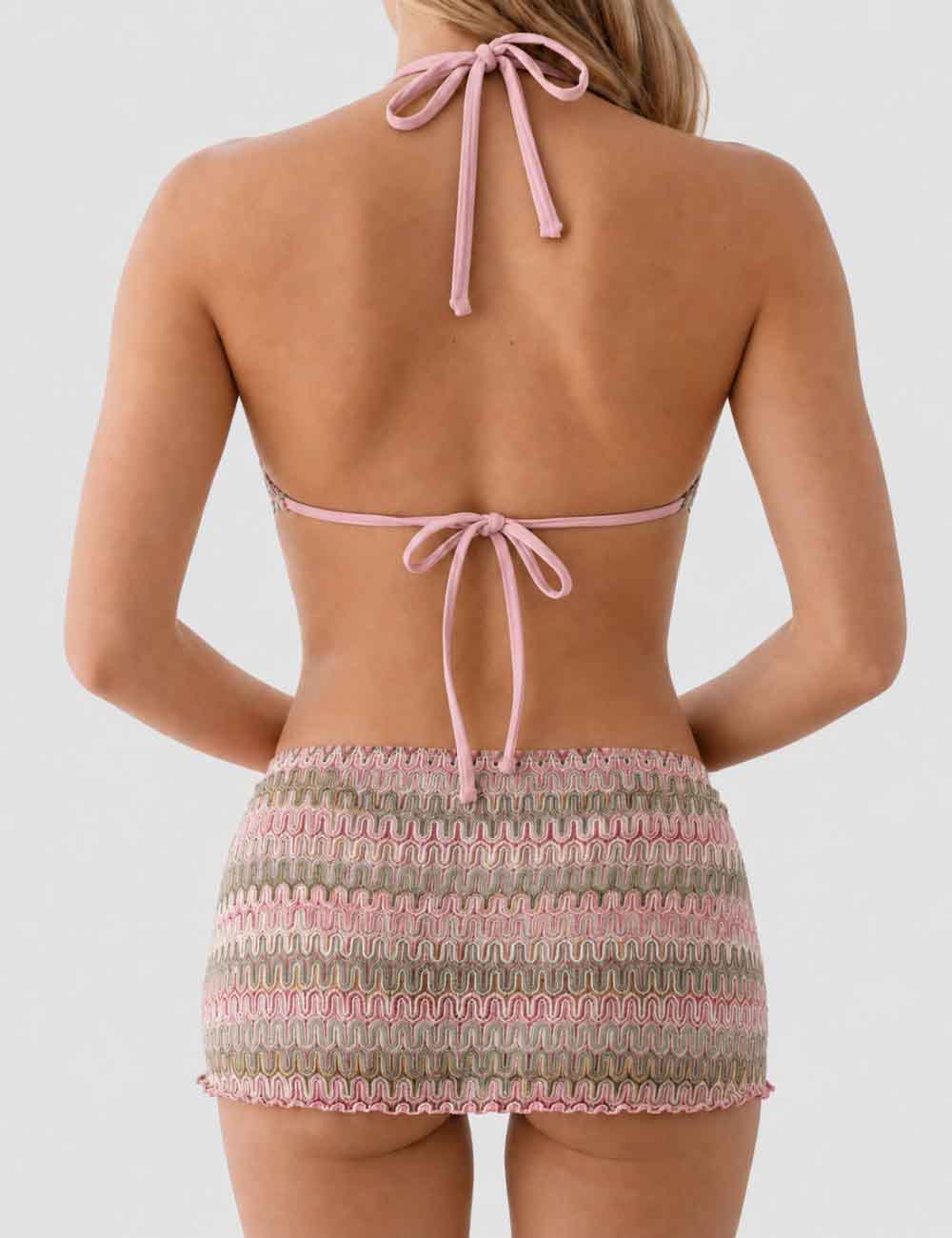 Ladies Wave Striped Knit Triangle Bikini Set with Cover Up Skirt