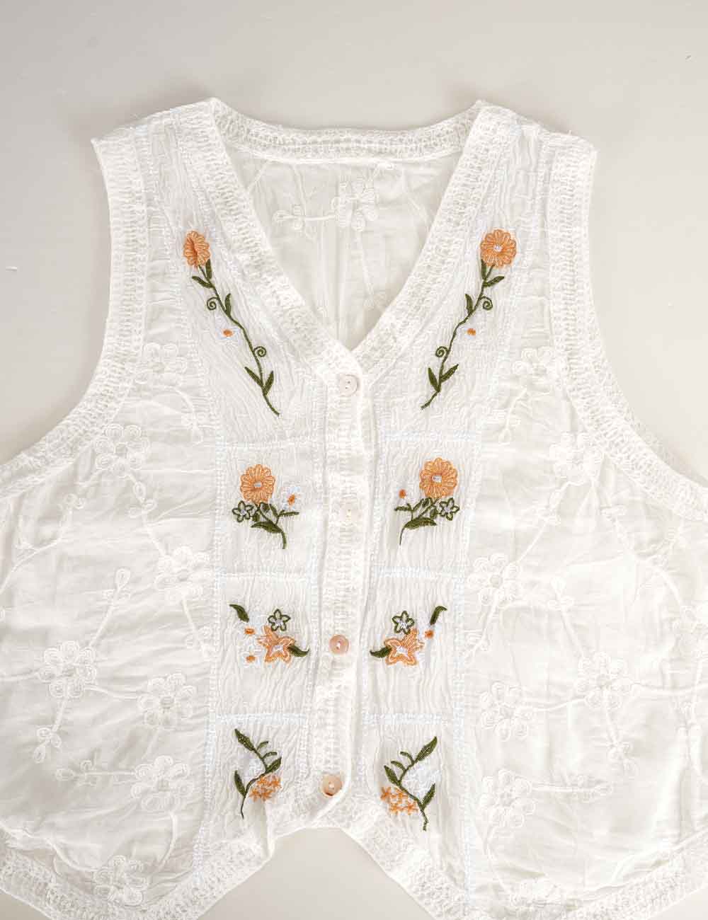Ladies Boho Floral Embroidered V-Neck Button Front Vest