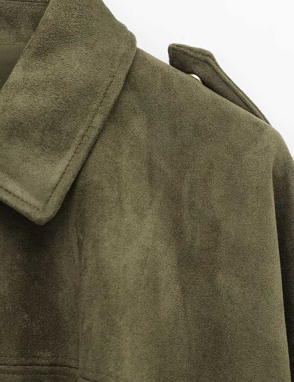 Ladies Faux Suede Bomber Jacket Shirt Collar Zip-Up Coat