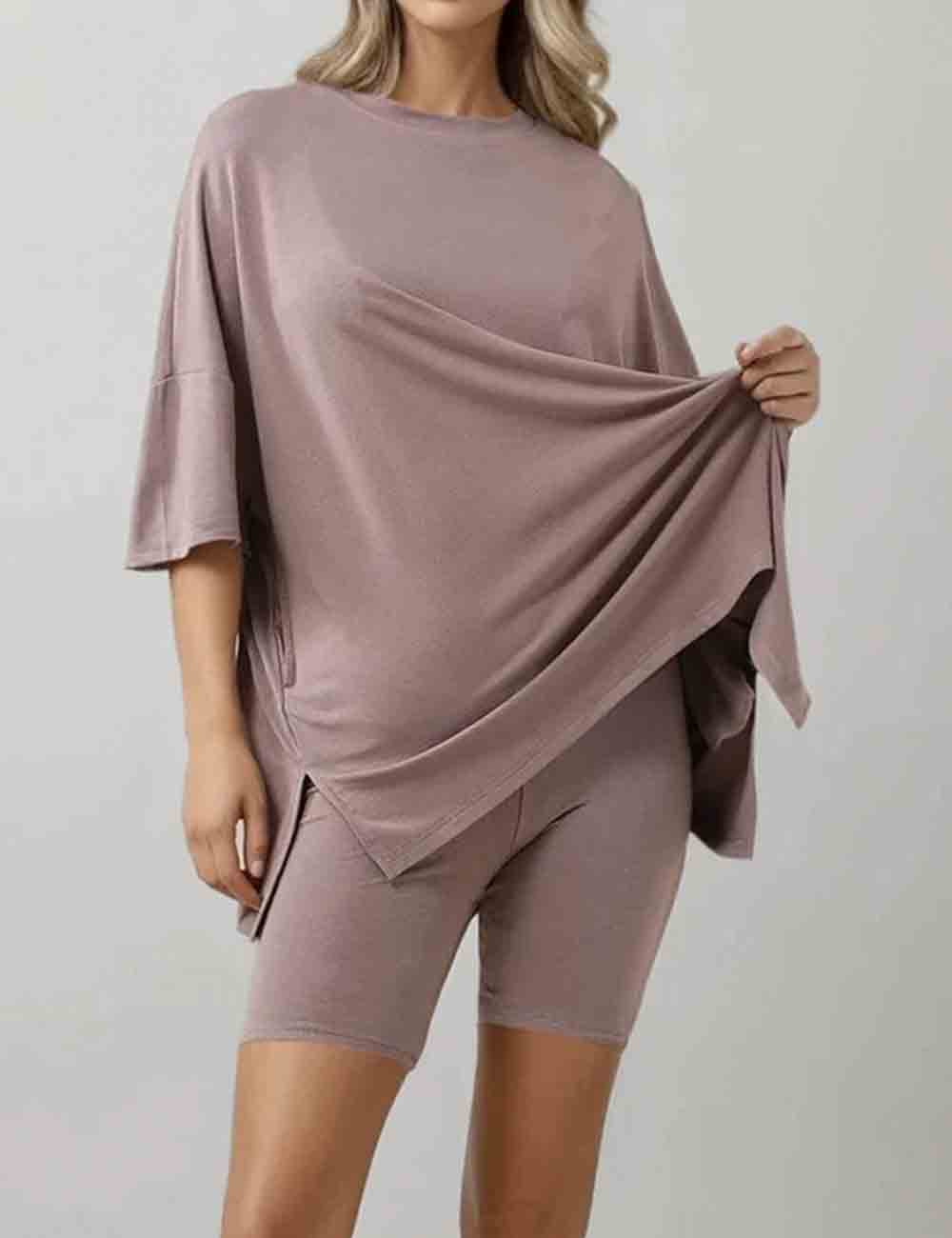 Ladies Solid Loungewear Outfits Loose Top & Slim Shorts Set