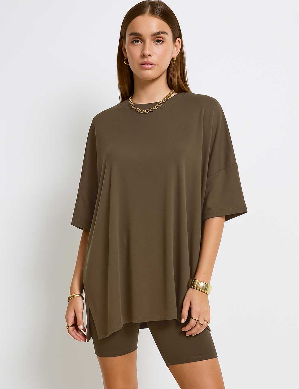 Ladies Solid Loungewear Outfits Loose Top & Slim Shorts Set