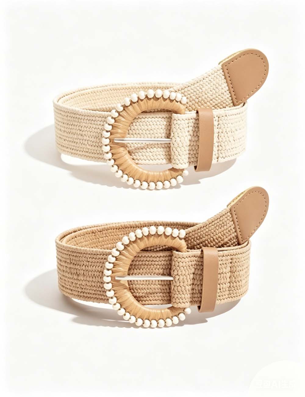 Ladies Boho Woven Straw Round Buckle Elastic Waist Belt
