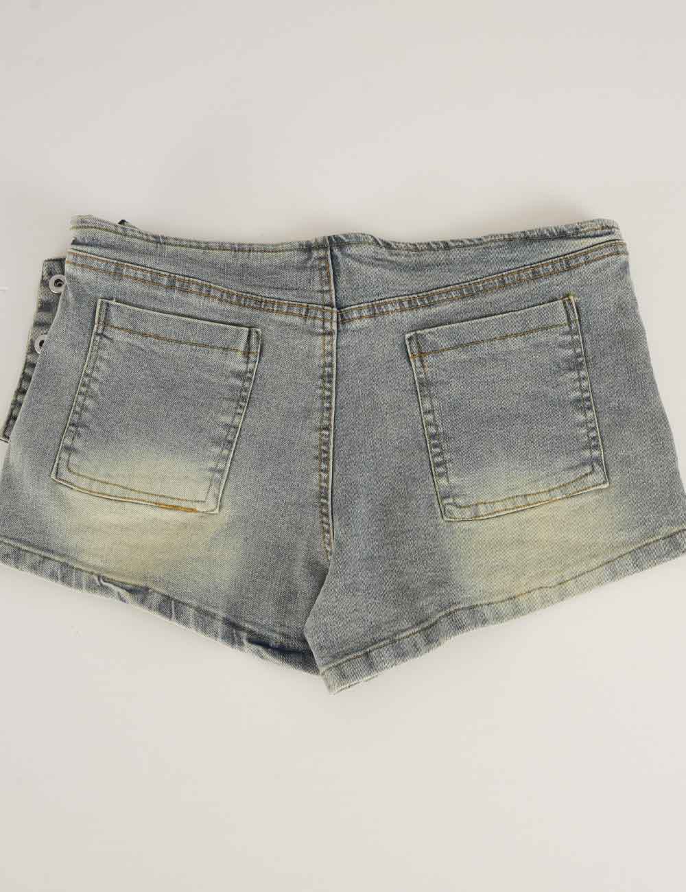 Ladies Metal Eyelet Belt Wrap Denim Mini Shorts