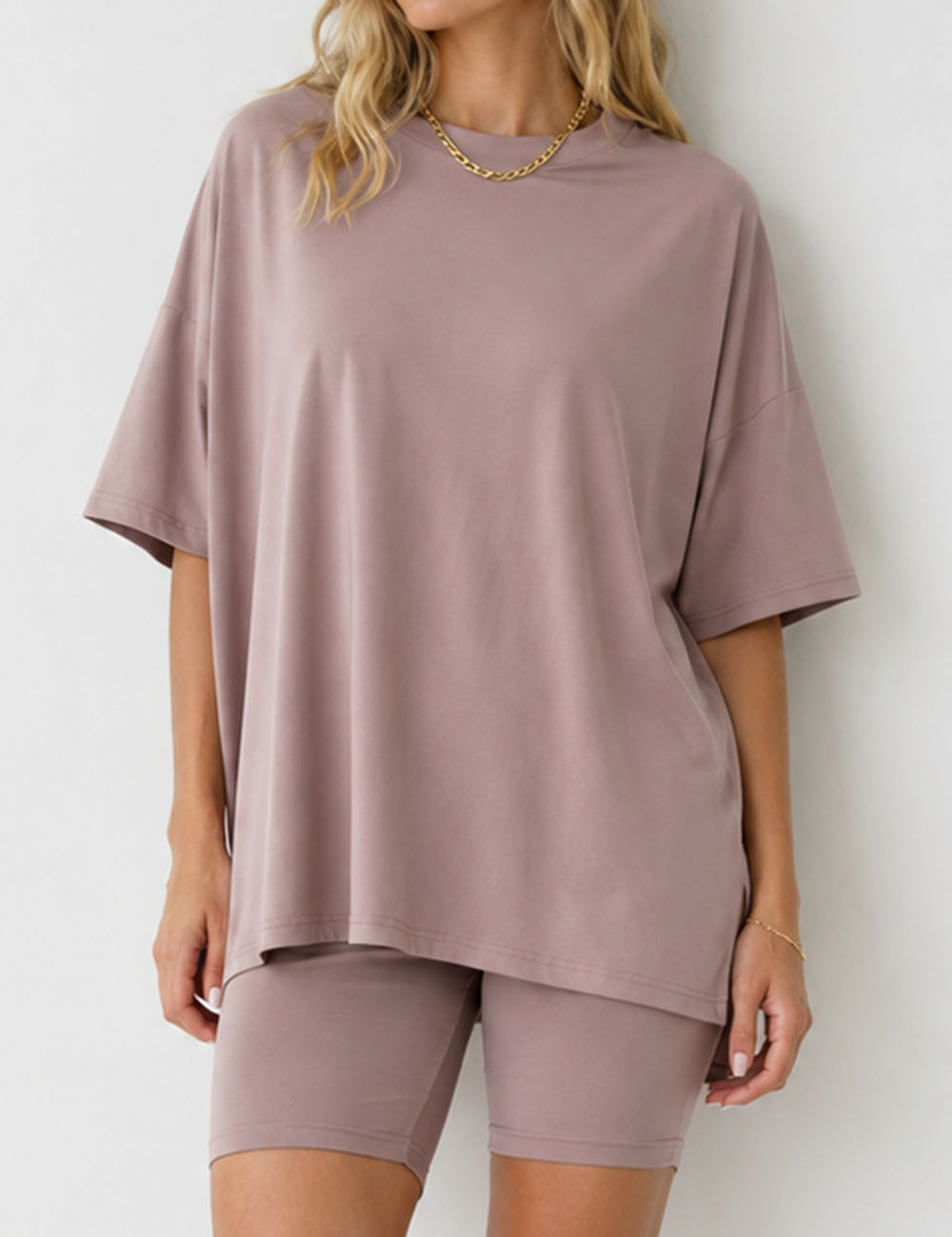 Ladies Solid Loungewear Outfits Loose Top & Slim Shorts Set