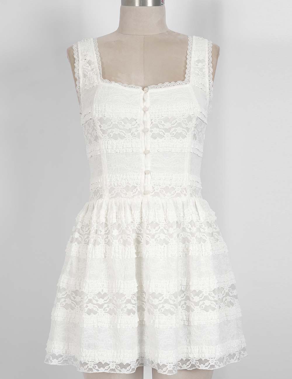 Ladies Romantic Floral Lace Button Front Mini Dress