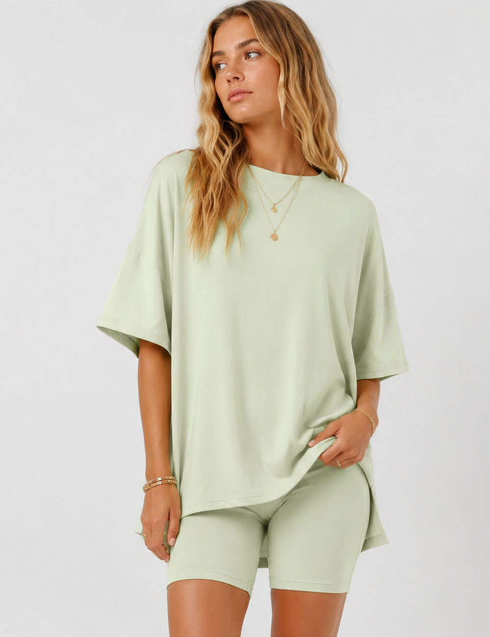 Ladies Solid Loungewear Outfits Loose Top & Slim Shorts Set