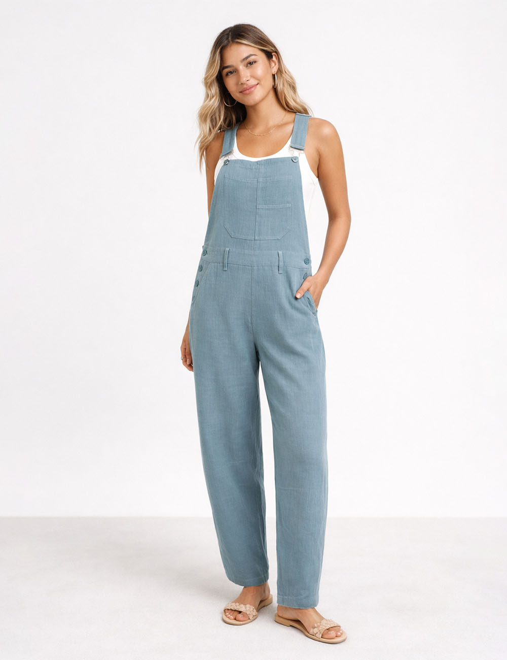 Ladies Casual Overall Solid Color Barrel Leg Denim Jumpsuit