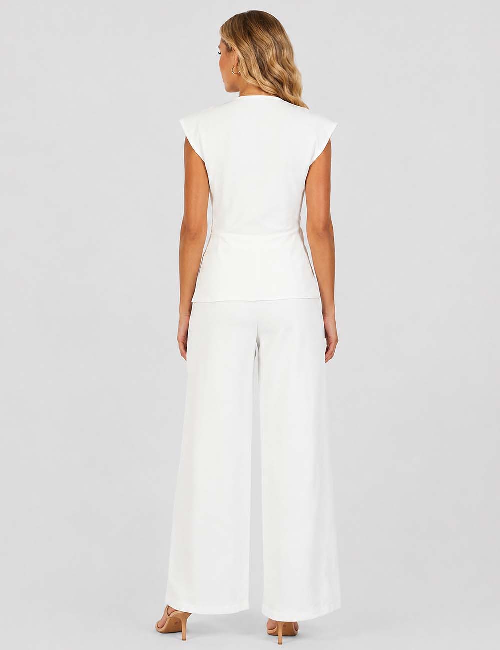 Ladies Solid Color Elastic Waist Wide Leg Pants