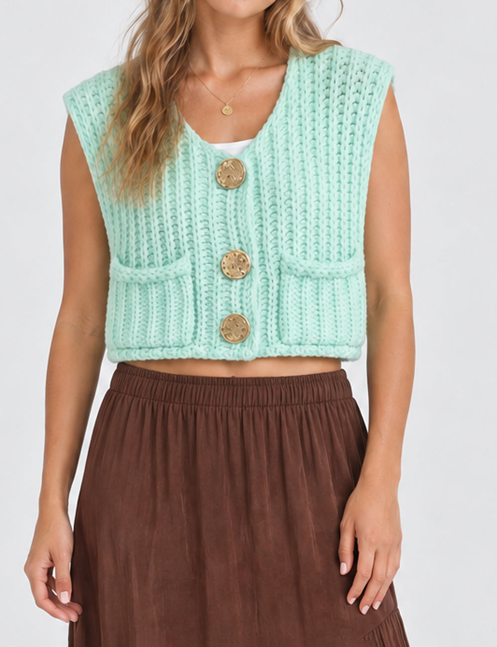 Ladies Solid Color Sleeveless Open Knit Sweater Vest