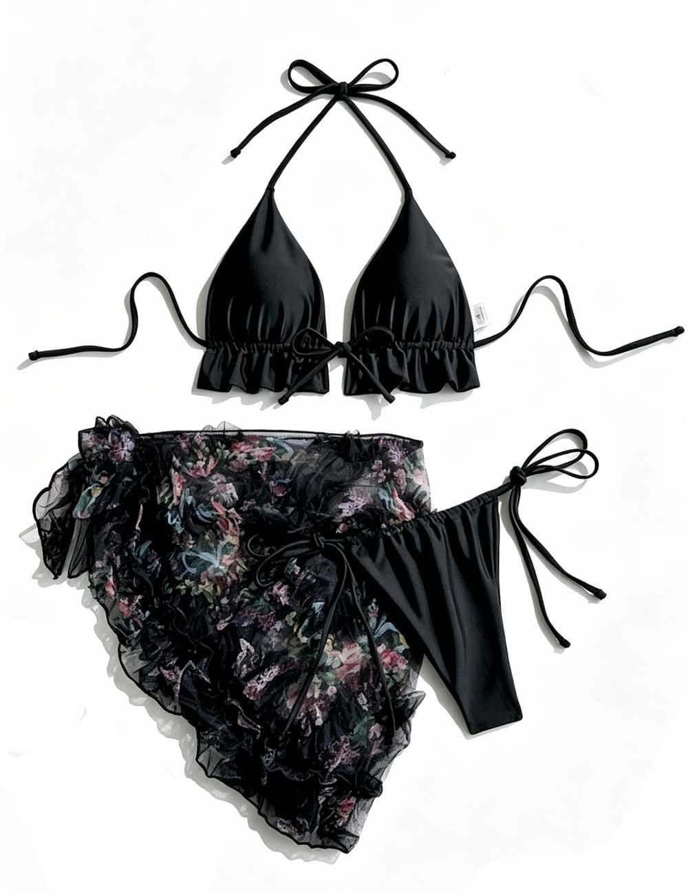Ladies Triangle Bikini Set with Floral Print Wrap Cover Up Skirt