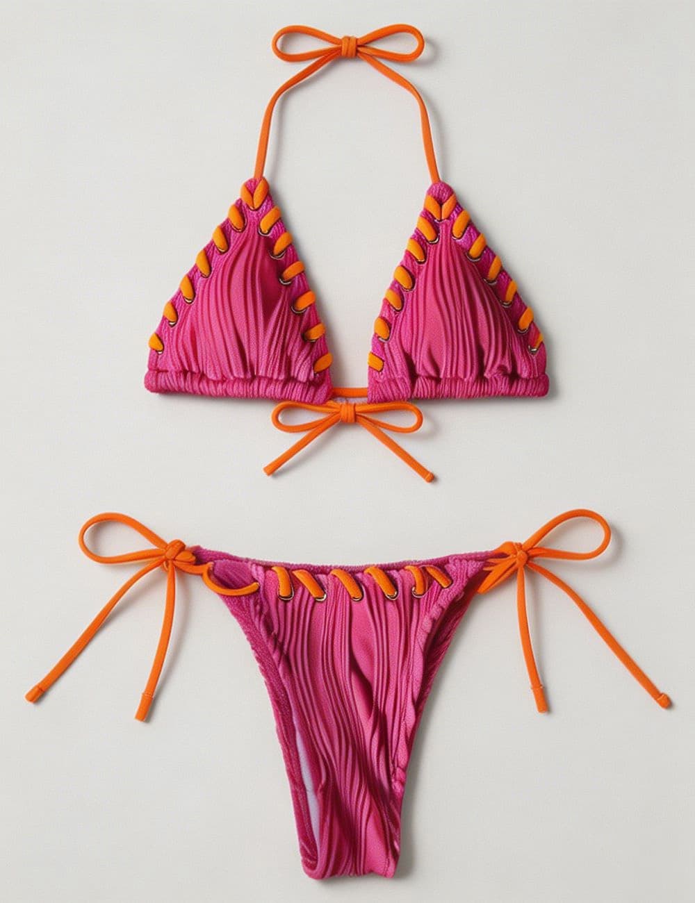 Ladies Braided Trim Ribbed Halter Triangle 2 Piece Bikini Set