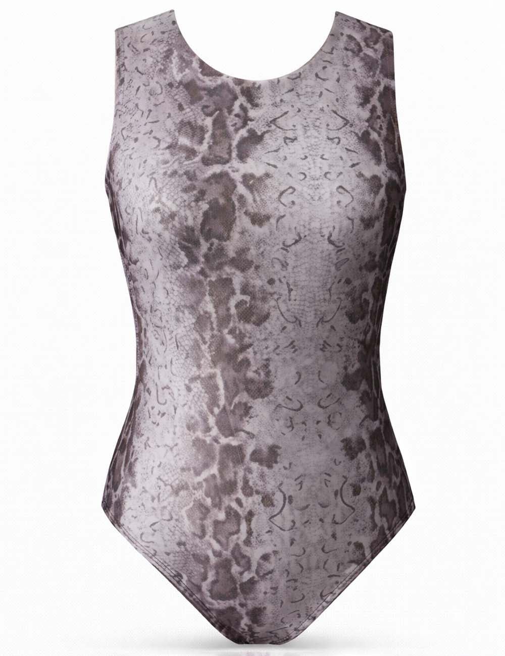 Ladies Snake Print Round Neck Sleeveless One Piece Swimsuit