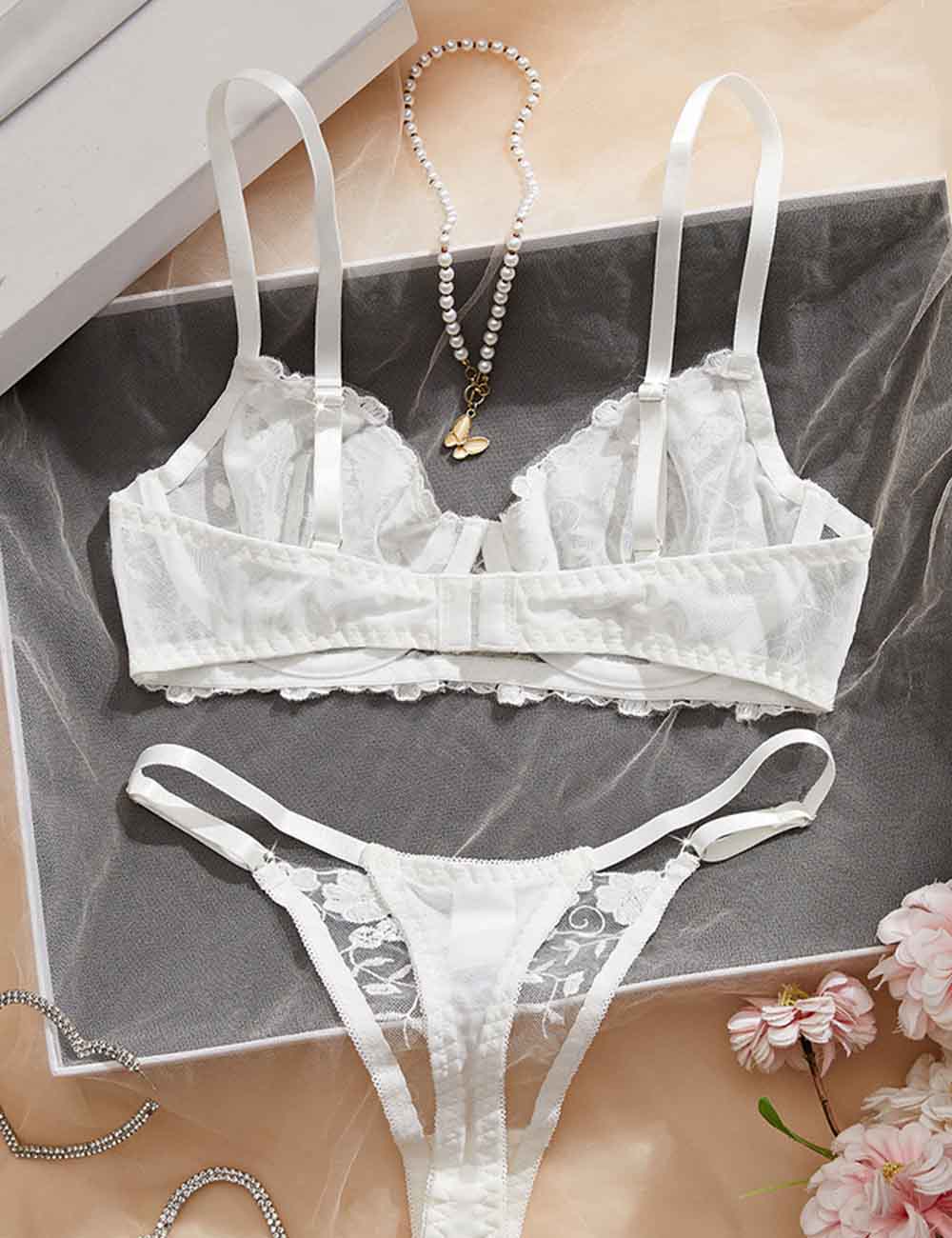 Ladies Sexy Solid Color Embroidery Sheer 2PCS Lingerie Set