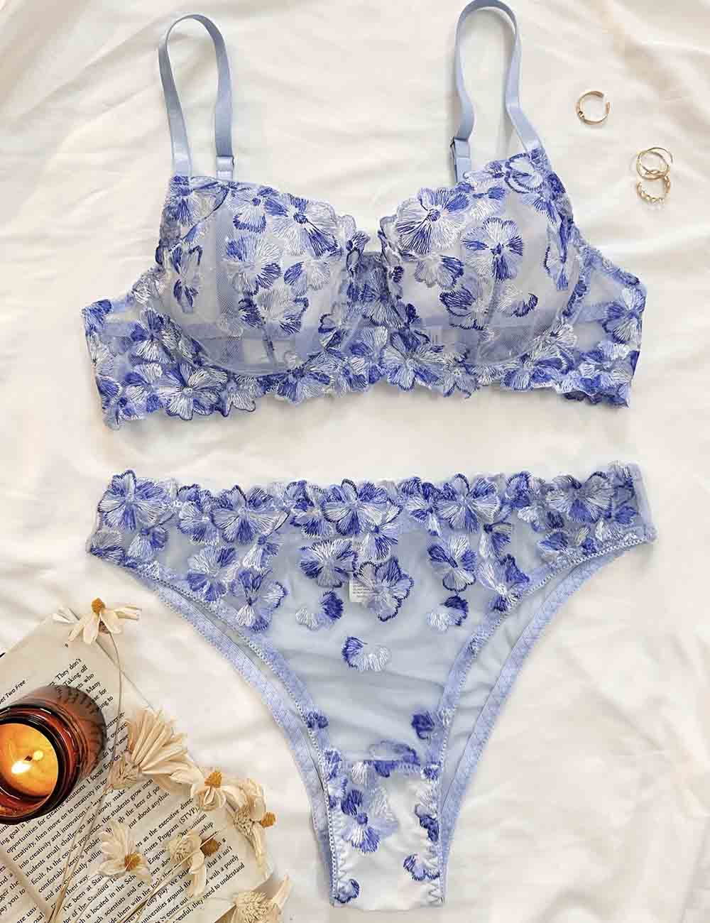 Ladies Floral Embroidery See Through 2PCS Lingerie Set 8HF4113